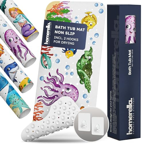 Bath Tub Mat Non Slip Anti Mold for Kids BPA Free INCL Hooks - homerella® Ocean Sea Animals 40x16, Baby Bath Mat Non Slip 200 Suction Cups, Non Toxic Machine Washable Toddler Bath Mat, EU Certified
