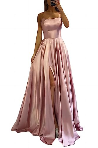 xxxiticat Vestido largo para mujer, elegante, de satén, línea A, vestido de noche, sexy, espagueti, vestido de novia, vestido largo de princesa de dama de honor