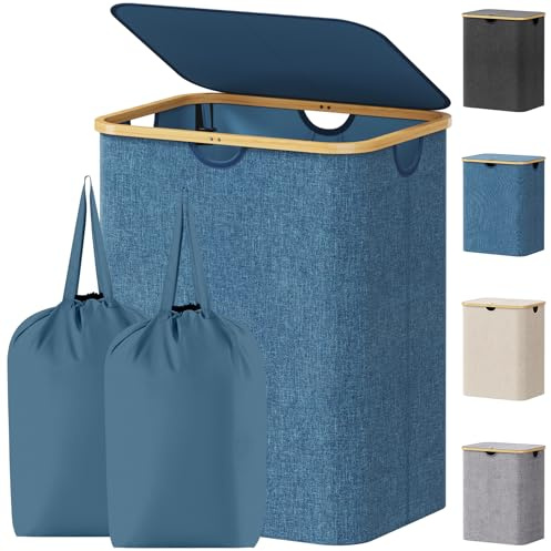 Lifewit 120L Double Laundry Basket with Lid, 2 Removable Bags, Blue | Large Foldable Washing Basket with Bamboo Handles, Dirty Clothes Bin for Bedroom, Bathroom, Dorm and Laundry Room