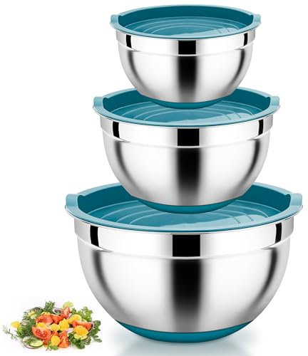 Homikit Rührschüssel Set, 3 Stück Edelstahl Schüssel Salatschüssel mit Deckel & Silikonboden für Küche/Servieren, Stapelbar, 1L / 2,5L / 4,5L, Blau