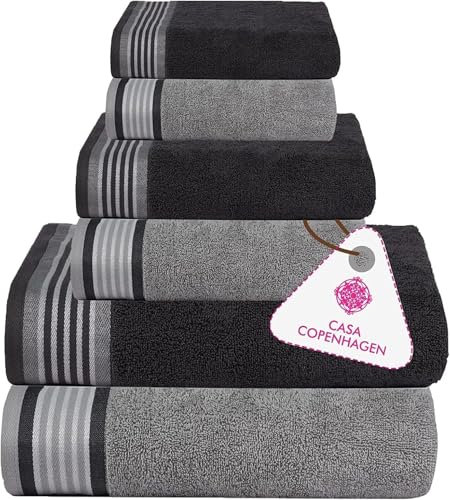 Casa Copenhagen 6-teiliges Handtuch-Set, Kieferngrau + Grauviolett, 550g/m², 2Badetücher, 2Handtücher, 2Waschlappen aus weicher ägyptischer Baumwolle für Badezimmer, Küche und Dusche