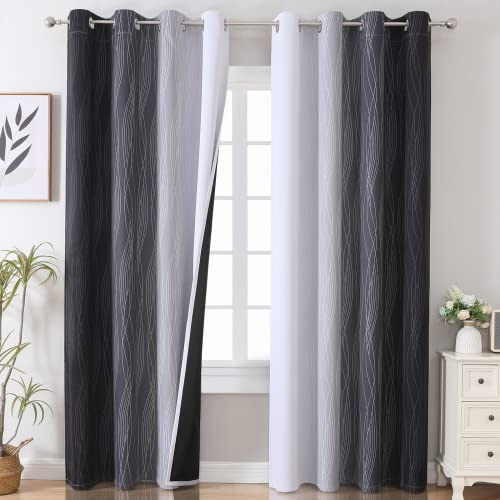 VEHEDE Farbverlauf Ombre Schwarz und Weiß Thermovorhang Kälteschutz Schallschutz, Gardinen mit Ösen Wohnzimmer, Schallschutz Raumteiler Vorhang Verdunklungsvorhänge, H 244 x B 132 cm, 2er Set