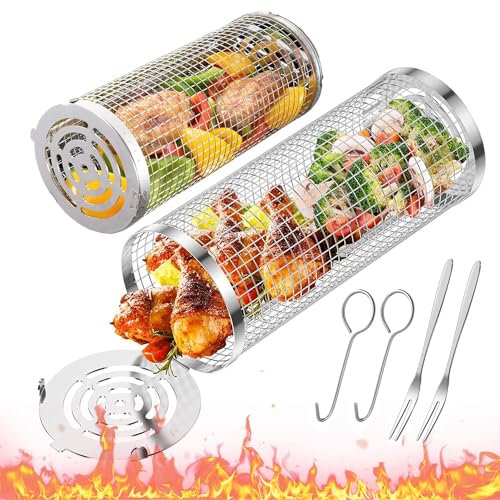 2 Stück Rolling Grilling Basket,Rollendes Grillkorb Set,Edelstahl Rollender Grillkorb,Grillnetzrohr für Den Außengrill für Gemüse,Tragbarer Gitter Grillkäfig mit Gabel,Zylindrischer Grillkorb
