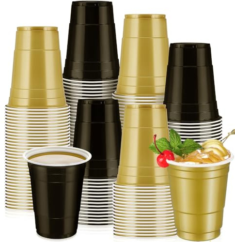 Doaizer Plastic Party Cups - 50 Pcs 16 oz Disposable Drinking Cups Reusable Sturdy Colored Plastic Cups for Xmas, Weddings, Birthdays, Dinner, Lunch and Party Cups(Black, Gold)