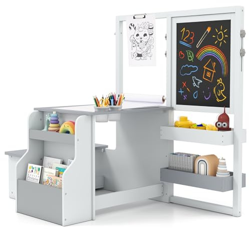 GOPLUS Bureau Enfant Fille Garcon avec Banc, 3 en 1 Tableau Chevalet Enfant Double Face Ajustable, Table de Dessin en Bois avec Rouleau de Papier, Tableau Blanc/Noir, Charge 50KG, Gris Clair