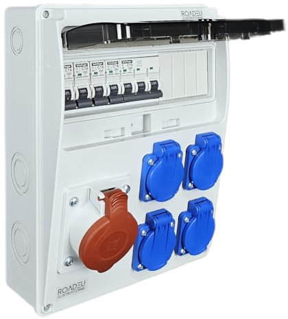 RoadEu - Quadro Elettrico di Distribuzione Industriale. Presa CEE 16A con 4x Schuko 230V. Distributore di prese con interruttore automatico da 16A. Ideale per il garage, il capannone o la casa