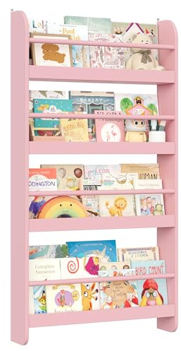FOREHILL Kids Bookcase Wall Mounted Bookshelf 4 Tier Children's Book Organizer Display Storage Rack Wooden for Children's Room Nursery 58 x 12 x 111 cm Pink