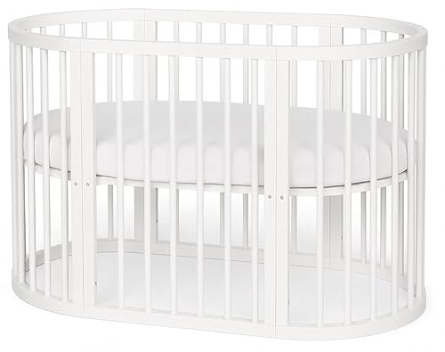Babymam Oval Baby Cot Snoa – Adjustable 5-in-1 Convertible Crib | Modern White Wooden Bed for Newborns & Toddlers