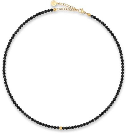 GD GOOD.designs EST. 2015 Collier de perles femme en pierres naturelles facettées véritables 4 mm | Collier en tourmaline réglable avec placage or 18K (40–45 cm) | Collier bohème étanche (noir)
