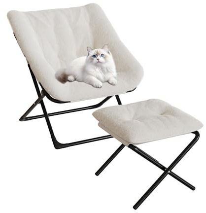 Aptliton Oversized Folding Saucer Lounge Chair with Ottoman – Cushioned Faux Fur, Comfy Accent Armchair, Sturdy Iron Frame, Easy Storage – Beige 100 with pedals (rabbit fur 3)