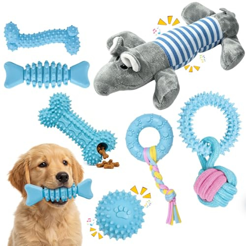 KAGEYMB Juego de 7 Juguetes para Cachorros: Juguetes Masticables de Felpa y TPR con Chirriador, Set de Juguetes Interactivos de Goma Para Cachorros, Juguetes para Perros Contra el Aburrimiento