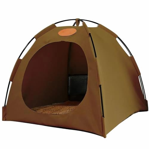 Vikbart katttält med trämatta, 39,9 x 39,9 x 37,1 cm kaffe husdjurstält, halvsluten campingstil kattsäng med andningsbart nät, metallram, för husdjur under 4,5 kg