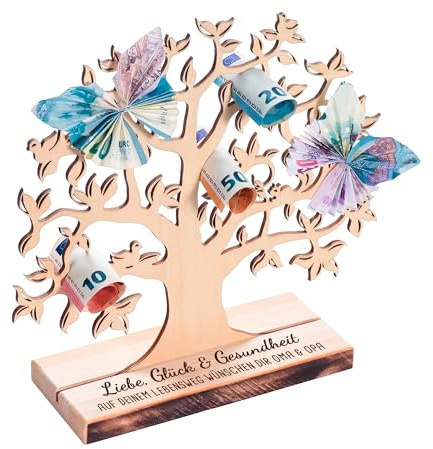 Casa Vivente Geldbaum aus Holz mit Gravur, Personalisiert mit Namen, Geschenkverpackung für Geld, Taufgeschenk, Höhe 22 cm