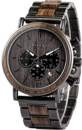 BOBO BIRD Men Wooden Watches Business Casual Wristwatches Stylish Ebony Wood & Stainless Steel Band Multi-Function Chronograph Watch