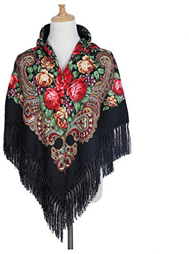 Women Russian Style Peony Floral Printed Long Tassel Large Square Scarf Warm Big Size Rectangular Cotton Wrap Traditional Ethnic Style Mexican Shawl Travel Sun Protection Cheongsam Cover-up Cloak