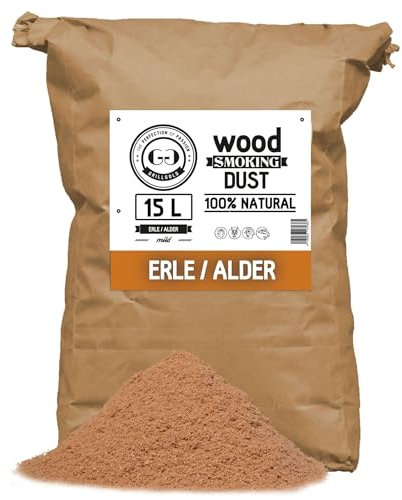 Grillgold - Farina per affumicatura in Legno per affumicatura e affumicatura a Freddo di Pesce, Carne e Verdure, Adatta Anche per Barbecue, in Sacchetto di Carta Riempito con Ponticello da 15 Litri