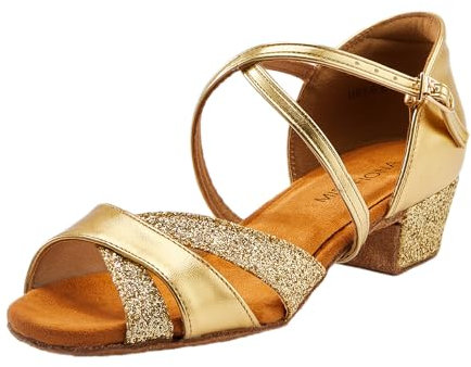 missfiona Mädchen Latein Tanzschuhe Kinder Glitzer Salsa Ballsaal Schuhe mit Leder Sohle(35 EU, Gold)