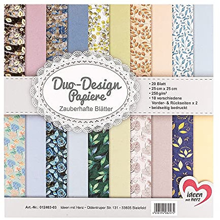Ideen mit Herz Duo-Design-Papiere | Block mit 20 Blatt Bastelpapier | 25 x 25 cm | 250g/m² | beidseitig bedruckt | Designpapier, Motivpapier | ideal für Scrapbooking, Basteln (Zauberhafte Blätter)