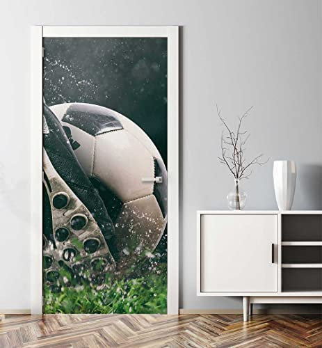 MyMaxxi - Tür bekleben mit Türtapete Türposter Türfolie Selbstklebend 90x200 Fußball Spiel auf Rasen - Tür verschönern Türaufkleber Türklebefolie Ball Liga grün