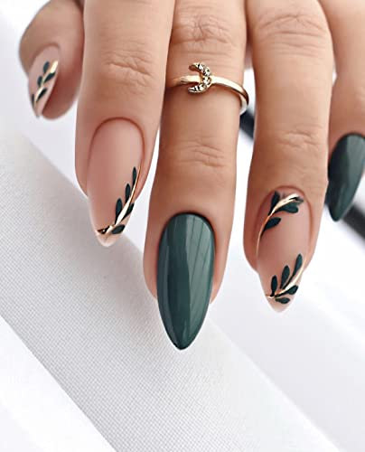 Sethexy Mandel Kurz Falsche Nägel Grün Blatt Press on Nails Dunkel Grün Glänzend Fake Nails 24 Stück Acryl Nägel zum Aufkleben für Frauen und Mädchen