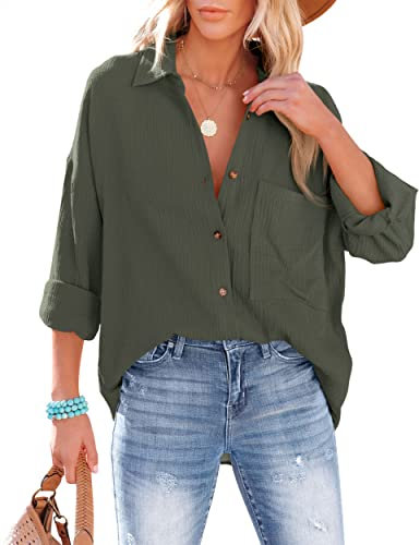 NONSAR Bluse Damen Lässiges Hemd mit V-Ausschnitt 100% Baumwolle Lockere Passform Solide Dickes Oberteil Elegant mit Tasche(9353XL,Armeegrün)