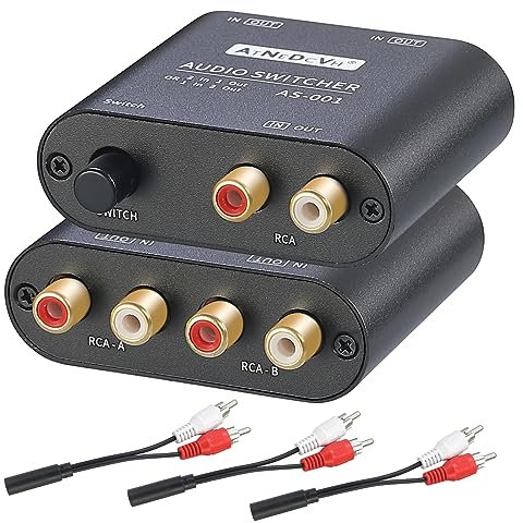 AtNeDcVh 2 Ports 1 Eingang 2 Ausgang / 2 Eingang 1 Ausgang bidirektionaler Audio-Switch kompatibel für RCA 3,5 mm Anschlüsse, 2-Wege-Stereo-K L/R Lautsprecher Kopfhörer Audio-Selektor Splitter Box