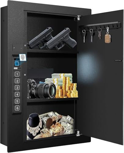 Wall Safe, Hidden Fingerprint Security wall Safe, In Wall Safe Between Studs, Upgraded Biometric/Keypad/Key Access, Secure Handgun, Documents, Jewelry, Valuables (Biometric Fingerprint)