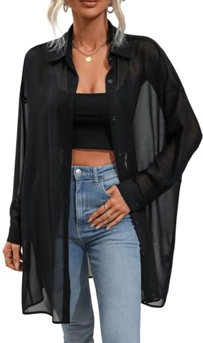 GORGLITTER transparent blus meshskjorta button down lös topp lång chiffongblus skjortblus utan bh, svart, S