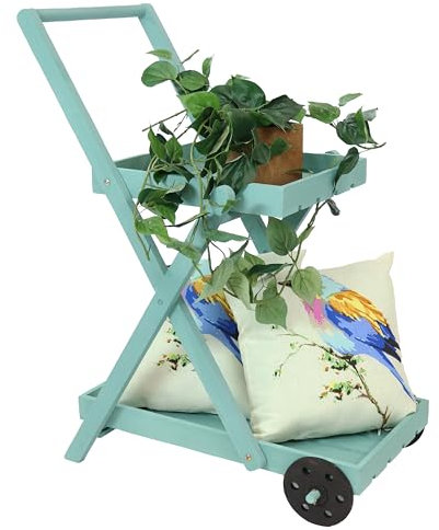 Sunnydaze 2-Tiered Flower Garden Cart with Built-In Handle - Fir Wood - 20 lb Weight Capacity - 34” H - Robin Egg Blue