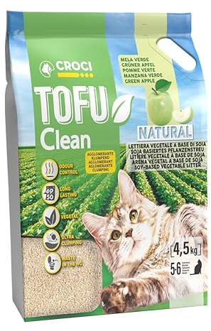 Croci Arena Tofu Clean de 10 l de manzana verde – Arena para gatos aglomerante perfumada con manzana verde, biodegradable, se lanza en el inodoro, 100% vegetal, arena antiolores de larga duración