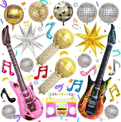 SITAKEGS Ballons de fête Disco, 26PCS Boule Disco Explosion étoile Guitare Saxophone Gonflable Microphone Musique Mixte Ballon en Aluminium, Thème rétro années 80 90 hip-hop Disco fièvre fête décor