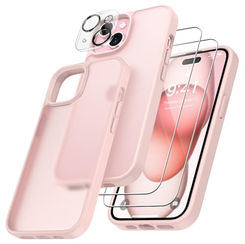 FLLAO 4 en 1 Funda para iPhone 15 con 2 Protector Pantalla y 1 Protector Lente Cámara, [Almohadilla de Aire integrada] Antigolpes Antiarañazos Carcasa 6,1 Pulgadas, Rosa Claro
