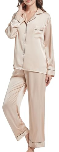 JCQIGOA Pijamas de Seda para Mujer Pijamas de Manga Larga Pijamas Señoras Pijama de Manga Larga Señoras Conjunto Largo Dos Piezas Loungewear Pijama Largo de Noche