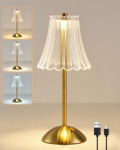 HARPER LIVING Lampada da tavolo ricaricabile, lampada da tavolo a LED a batteria, 3 colori e dimmerabile, luce da comodino con finitura oro lucido, lampade touch senza fili per camera da letto