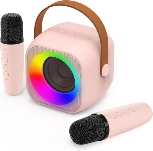 Aplsinvivi Mini Karaoke Machine, Portable Bluetooth Speaker with 2 Wireless Microphone, Microphone with 5 Voice Changing Effects & LED Light, Gifts for Girls Ages 4-12 +Year Old Birthday Party, Pink