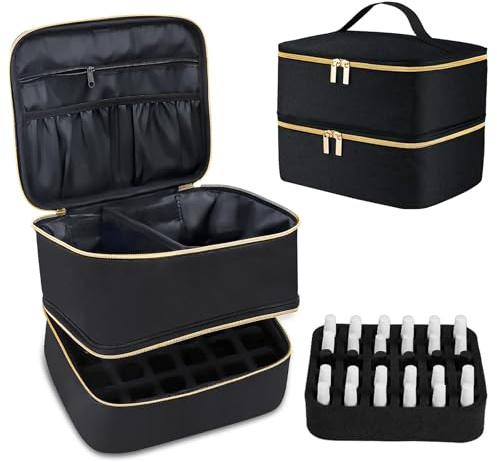 VGECEE Organizador Esmaltes Uñas y Lampara Bolsa Maquillaje Grande Doble Capa Estuche Organizador Esmaltes 30 Botellas Estuche Organizador Maquillaje con Compartimientos y Asa para Mujeres Niñas
