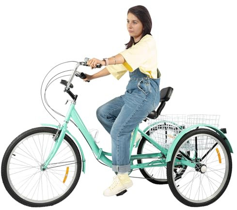 soudesileim 24 Zoll Dreirad Fahrrad Klappbar, 7-Gang, V-Bremse, Haltebremse, Dreirädrige Fahrräder mit Einkaufskorb 55x45x28cm, Dreirad für Erwachsene, Senioren (Grün)