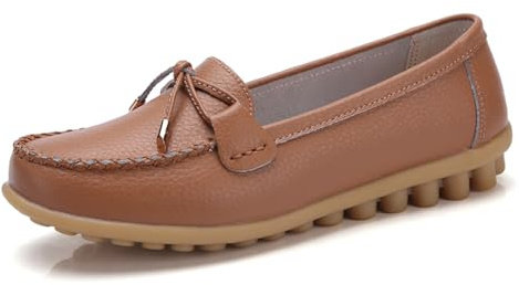 Sunporx Mujer Cuero Mocasines Cómodos Mocasines Informales Antideslizantes Puntera Redondeada Lazo Suela Blanda Negocios Ropa de Oficina Zapatillas Conducción Zapatos para Caminar