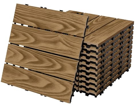 ECD Germany Dalles de Terrasse WPC 30 x 30 cm/55 pièces = 5 m², Teck, Aspect Bois, avec Système Clipsable et Drainage, Antidérapant, Intérieur/Extérieur, Carreaux de Jardin Revêtement de Sol
