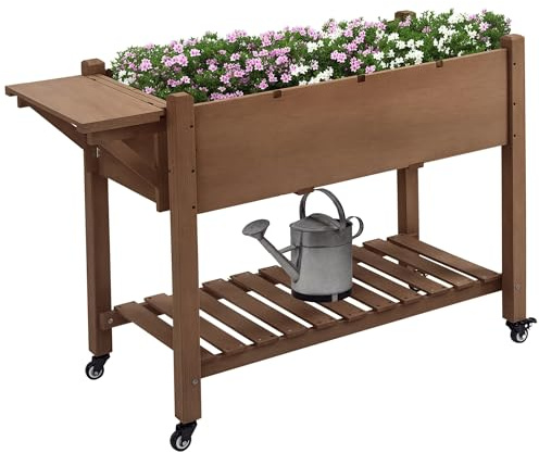 Outsunny Letto per Orto Rialzato a 8 Scomparti con Ruote, Ripiano Laterale e Mensola Inferiore a Doghe, Fioriera Rialzata da Esterno in Abete con 4 Fori di Drenaggio, 123x54x87cm, Caffè Scuro