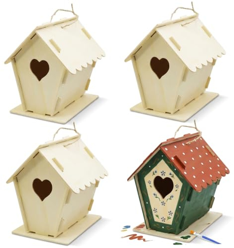 Kit de nichoirs à oiseaux DIY 4 pièces, artisanat en bois non fini, nichoirs à oiseaux en bois peindre avec de la peinture et des pinceaux pour enfants et adultes, décoration jardin extérieur