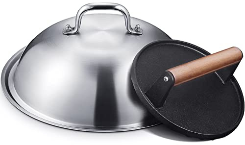 HOMENOTE Griddle Accessories for Blackstone, Commercial Grade 12 Inch Heavy Duty Melting Dome with Round Cast Iron Smash Burger Press Perfect for Flat Top Hibachi Grill Outdoor Indoor