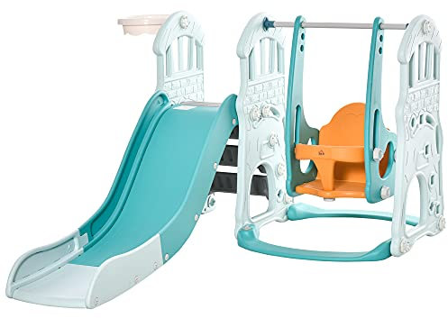 HOMCOM Scivolo 3 in 1 per Bambini con Altalena Regolabile, Canestro e Palle per Cameretta e Giardino, 149x186x98cm, Blu e Arancione