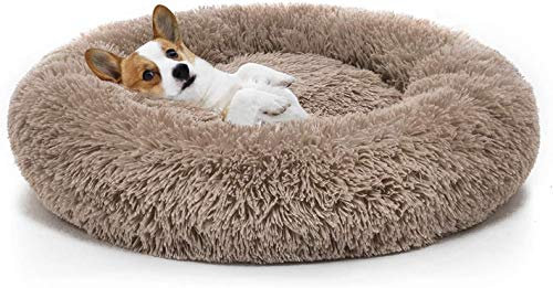 Sedefen Hundebett Rund Plüsch Flauschige Hundekissen Hundesofa Katzenbett,Waschbar rutschfest,Haustier Hundebett für Hunde und Katzen,Khaki,Durchmesser 40cm