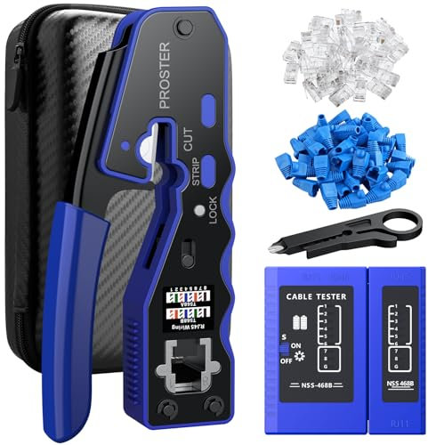 Proster Kit de Crimpadora RJ45 con Comprobador de Cables Pelacables Alicates de Terminales RJ45 Cat6 Cat5 Cat5e con Conectores Pasantes Cat6 50PCS y Fundas para Mantenimiento y Reparación de Red