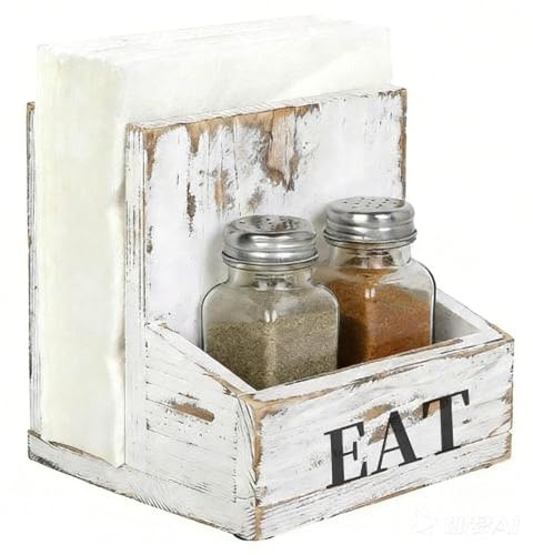 MyGift Napkin Holder for Table, Wood Napkin Holder with Salt and Pepper Shakers Set, Condiment Caddy with Bold Black Printed EAT Design, Standing Paper Napkin Storage for Kitchen Dining Table Decor