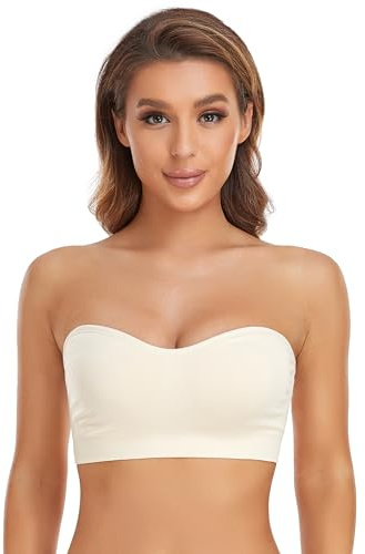 Lusait Strapless Bra for Women Non-Slip Silicone Padded Bandeau Bra Wireless Tube Top Bralette Beige S