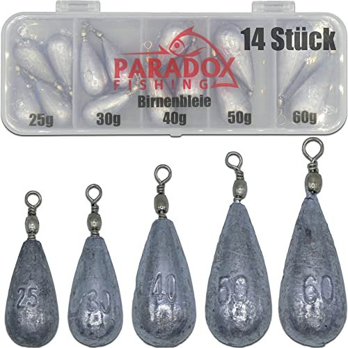 Paradox Fishing Birnenblei Set 14 Stück 25g/30g/40g/50g/60g I Blei Grundblei Angel Gewichte Angeln Angelzubehör Birnenblei Angeln Angel Bleie Set