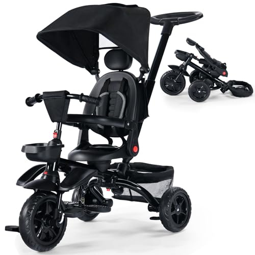 Kinder King Kids Tricycle, 7 in 1 Folding Toddler Trike w/Adjustable Push Handle, Rotatable Seat, Adjustable Canopy, Safety Harness, Storage, Toddler Bike for Age 6 Months+,Black