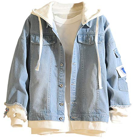OBiQuzz jeansjacka herr vintage jeansjacka för män med huva smal passform långärmad fritid huvtröja tvätta jeans jackor huvrockar kostymer unisex jeans pullover toppar innerjacka, Ljusblå, XL